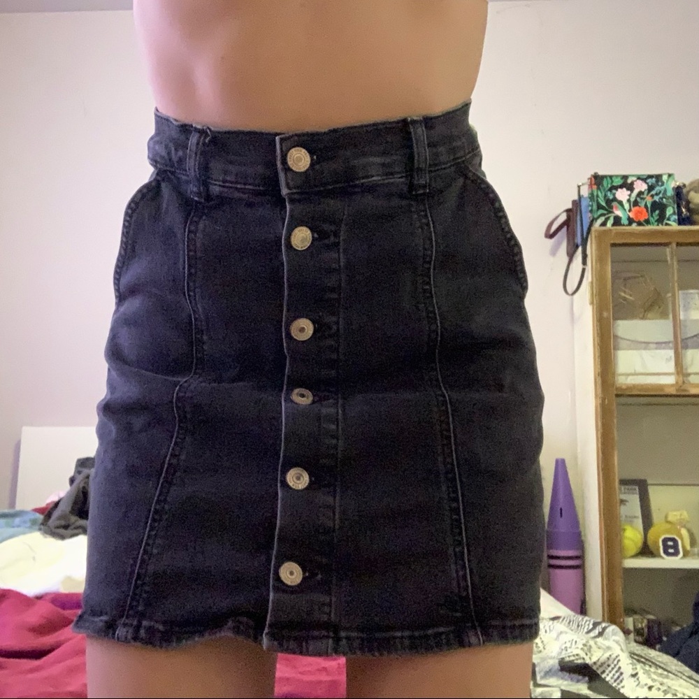 Black denim mini skirt with buttons up the front